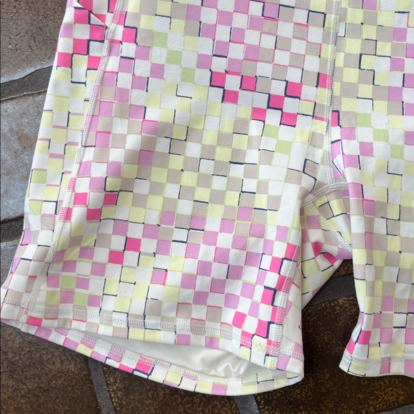 Fabletics Pink & Yellow Checkerboard Print Oasis Pureluxe 6” Bike Shorts - Picture 9 of 16